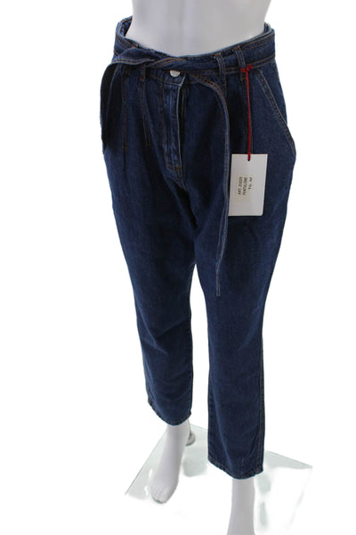Ylam Jeans Womens Cotton Denim Belted High-Rise Tapered Jeans Blue Size M