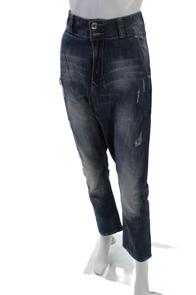 Ylam Jeans Womens Cotton Denim Belted High-Rise Tapered Jeans Blue Size M