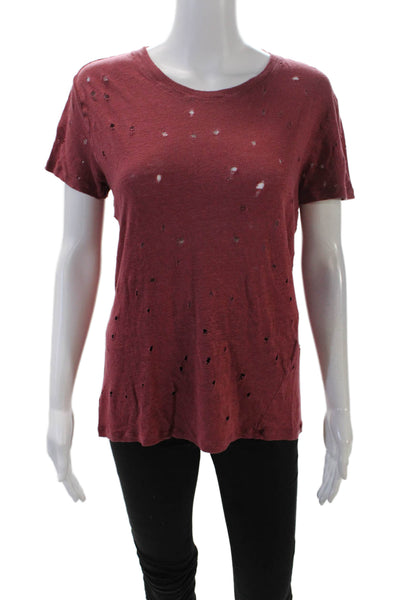 IRO Women's Round Neck Short Sleeves Distress T-Shirt Burgundy Size XS