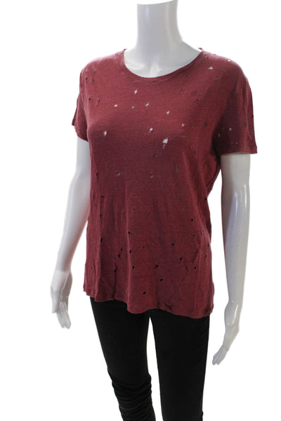 IRO Women's Round Neck Short Sleeves Distress T-Shirt Burgundy Size XS