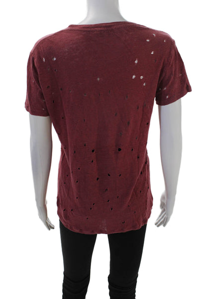 IRO Women's Round Neck Short Sleeves Distress T-Shirt Burgundy Size XS