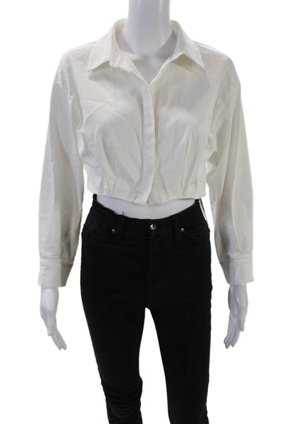 OW Women's Collared Long Sleeves Button Up Cropped Top White Size S
