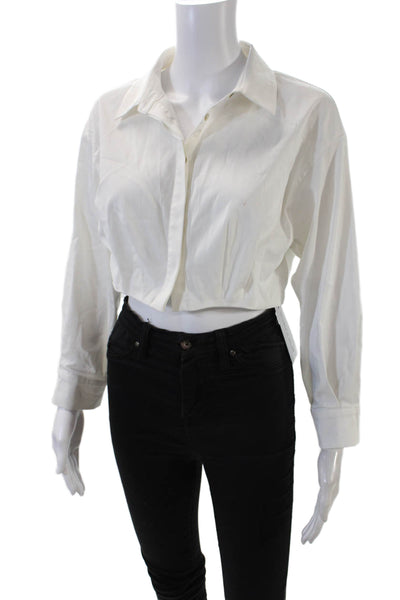 OW Women's Collared Long Sleeves Button Up Cropped Top White Size S