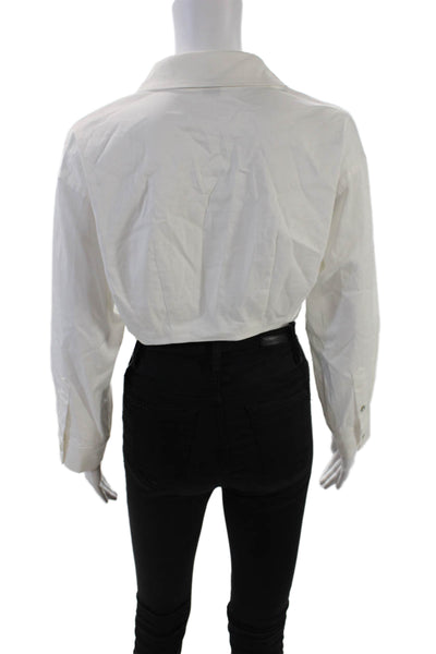 OW Women's Collared Long Sleeves Button Up Cropped Top White Size S