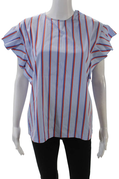 Kule Womens Cotton Striped Buttoned Short Sleeve Blouse Top Blue Size S