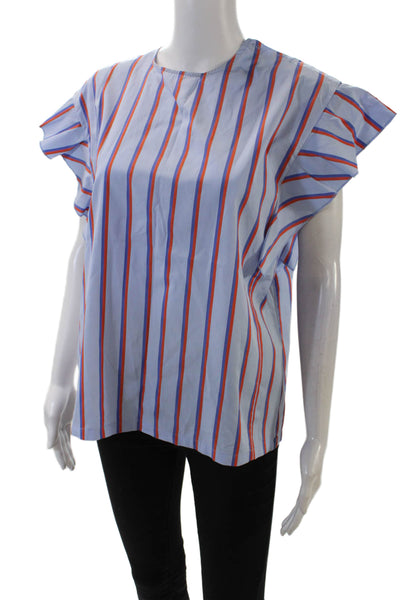 Kule Womens Cotton Striped Buttoned Short Sleeve Blouse Top Blue Size S