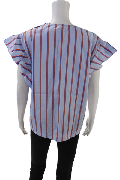 Kule Womens Cotton Striped Buttoned Short Sleeve Blouse Top Blue Size S