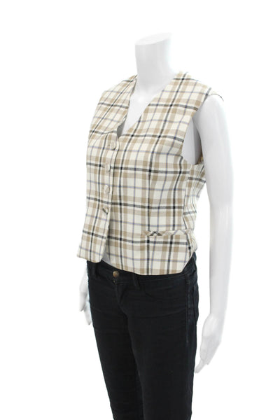 Drew Womens Cotton Blend Plaid V-Neck Sleeveless Button Up Vest Top Taupe Size M