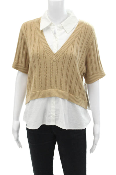 Central Park West Womens Cotton Blend Collared Knit Blouse Top Beige Size L