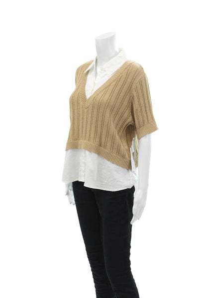 Central Park West Womens Cotton Blend Collared Knit Blouse Top Beige Size L