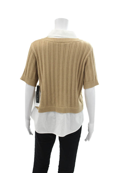 Central Park West Womens Cotton Blend Collared Knit Blouse Top Beige Size L