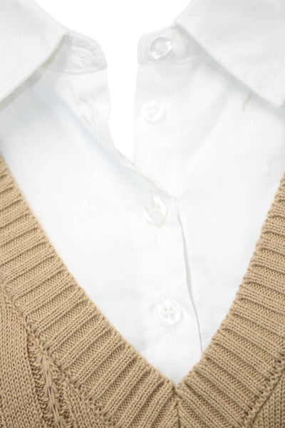 Central Park West Womens Cotton Blend Collared Knit Blouse Top Beige Size L