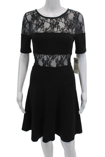 French Connection Womens Lace Short Sleeves Knee Length A Line Dress Black Size