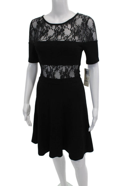 French Connection Womens Lace Short Sleeves Knee Length A Line Dress Black Size