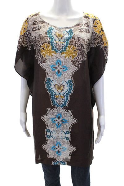 Oltre Womens Geometric Print Sleeveless Round Neck Blouse Top Brown Size 12