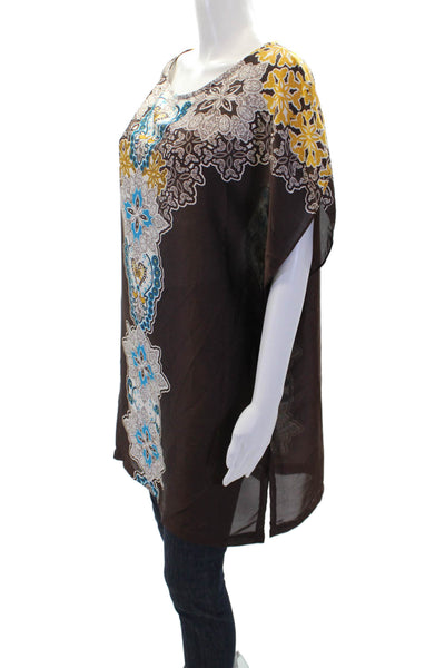 Oltre Womens Geometric Print Sleeveless Round Neck Blouse Top Brown Size 12