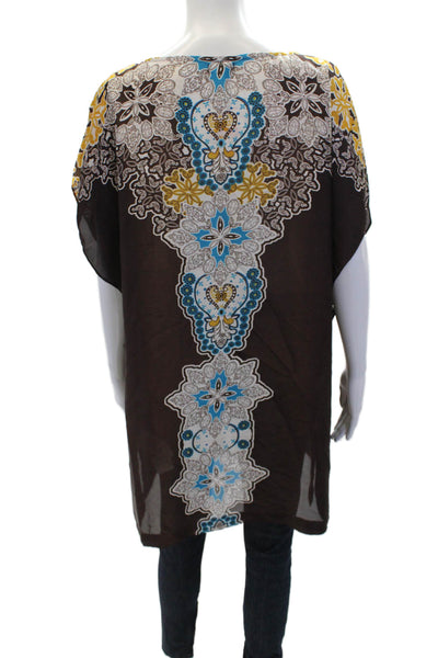 Oltre Womens Geometric Print Sleeveless Round Neck Blouse Top Brown Size 12