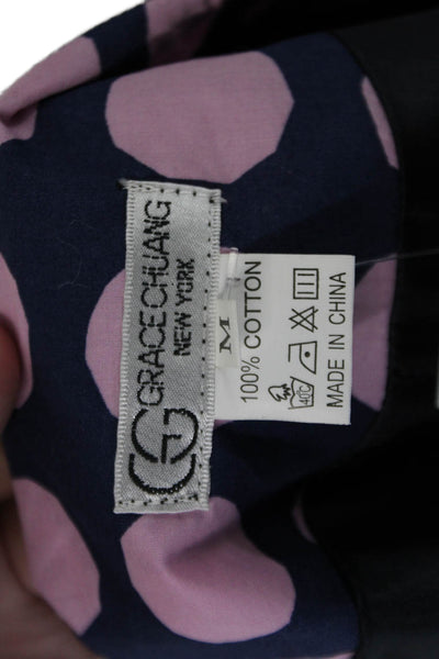 Grace Chuang Womens Cotton Long Sleeve Open Polka Dot Blouse Navy Size M