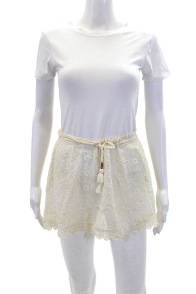 OndadeMar Womens Floral Embroidered Drawstring Pockets Mini Skirt Beige Size M