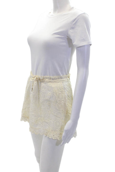 OndadeMar Womens Floral Embroidered Drawstring Pockets Mini Skirt Beige Size M