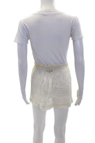 OndadeMar Womens Floral Embroidered Drawstring Pockets Mini Skirt Beige Size M