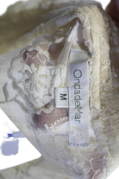 OndadeMar Womens Floral Embroidered Drawstring Pockets Mini Skirt Beige Size M
