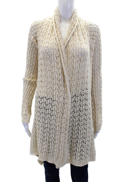 Pure DKNY Womens Cotton Open Knit Cowl Neck Cardigan Sweater Top Beige Size S