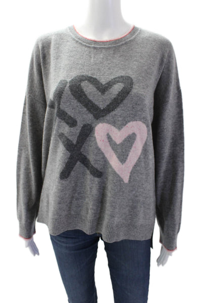 Splendid Womens Long Sleeve Crew Neck Heart Sweater Gray Pink Wool Size Medium