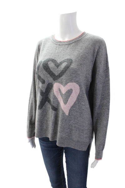 Splendid Womens Long Sleeve Crew Neck Heart Sweater Gray Pink Wool Size Medium