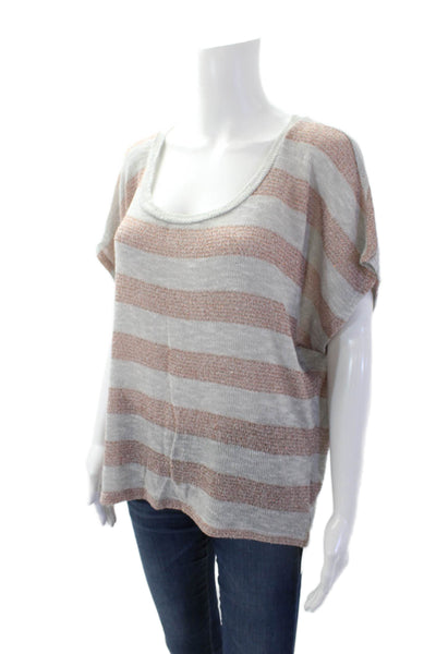Splendid Womens Short Sleeve Metallic Striped Open Knit Top Gray Size Small