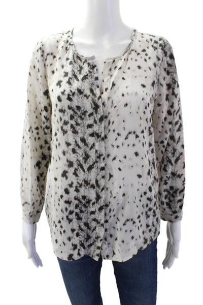 Joie Womens 3/4 Sleeve Button Front Silk Animal Print Top White Brown Size Small