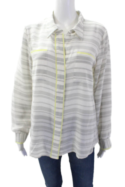 The Letter Womens Button Front Collared Silk Striped Shirt White Gray Size Large