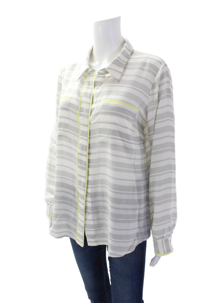 The Letter Womens Button Front Collared Silk Striped Shirt White Gray Size Large