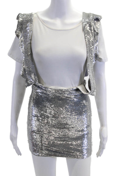IRO Womens Sequin Ruffle Trim Overall Mini Skirt Silver Size 34