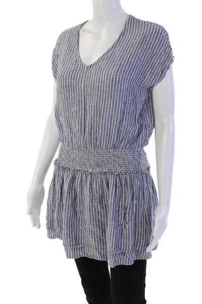 Rails Womens Linen Striped Sleeveless Smocked Waist Detail Blouse Blue Size S