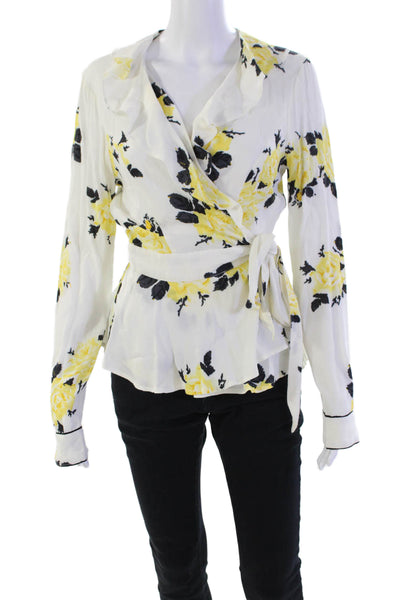 Ganni Womens Long Sleeve V Neck Floral Wrap Shirt White Yellow Size FR 36