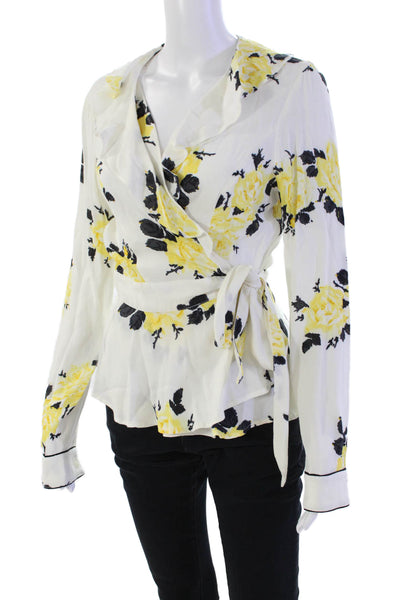 Ganni Womens Long Sleeve V Neck Floral Wrap Shirt White Yellow Size FR 36