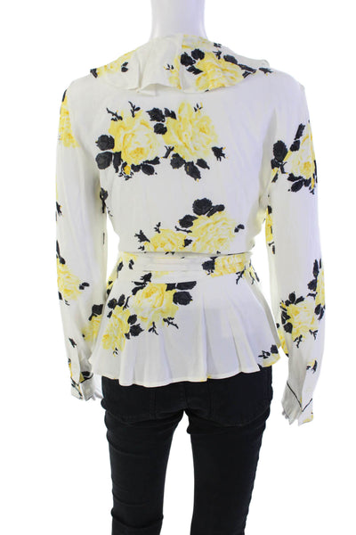 Ganni Womens Long Sleeve V Neck Floral Wrap Shirt White Yellow Size FR 36