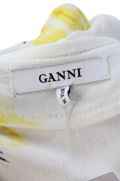 Ganni Womens Long Sleeve V Neck Floral Wrap Shirt White Yellow Size FR 36