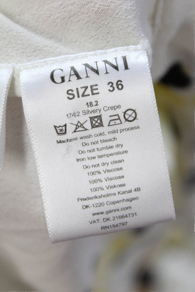 Ganni Womens Long Sleeve V Neck Floral Wrap Shirt White Yellow Size FR 36