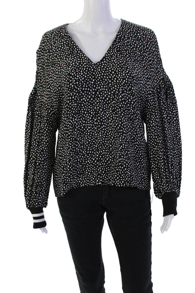 Tibi Womens Long Sleeve V Neck Dotted Blouse Top Black White Size Small