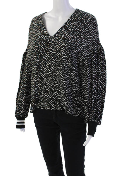 Tibi Womens Long Sleeve V Neck Dotted Blouse Top Black White Size Small