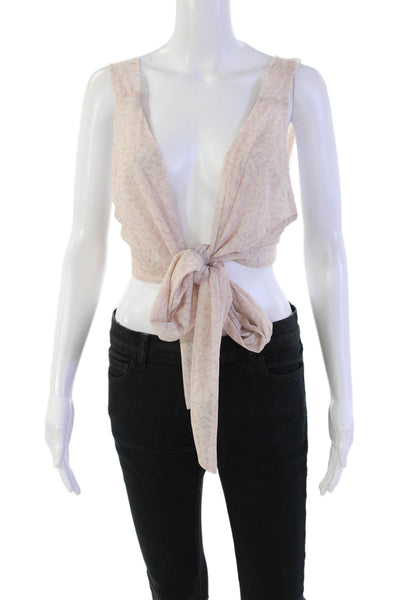 Diza Gabo Women's V-Neck Sleeveless Tie Front Printed Cropped Top Pink Size XS