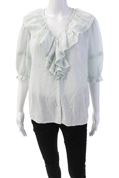 Ba&Sh Womens Ruffled Front Button Down Short Sleeves Shirt Pale Blue Cotton Sz 2