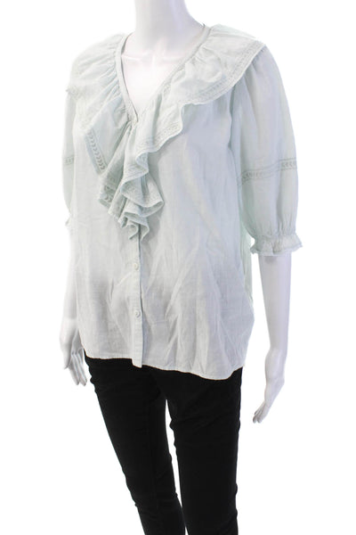 Ba&Sh Womens Ruffled Front Button Down Short Sleeves Shirt Pale Blue Cotton Sz 2