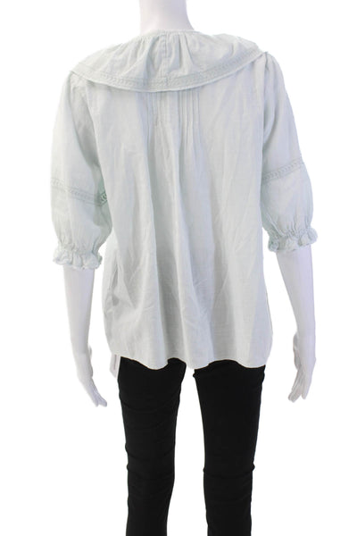 Ba&Sh Womens Ruffled Front Button Down Short Sleeves Shirt Pale Blue Cotton Sz 2
