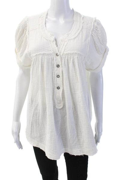 We The Free Womens Half Button Down Short Sleeves Blouse White Cotton Size Small