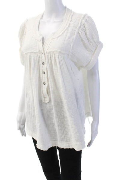 We The Free Womens Half Button Down Short Sleeves Blouse White Cotton Size Small