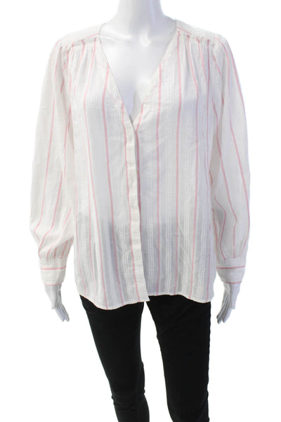 La Vie Womens Striped Button Down Long Sleeves Shirt White Pink Cotton Size Larg