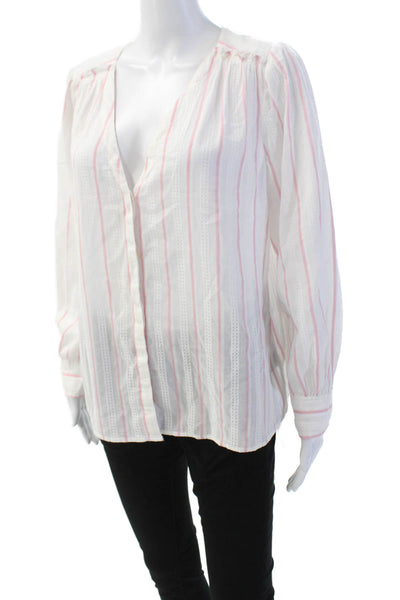 La Vie Womens Striped Button Down Long Sleeves Shirt White Pink Cotton Size Larg